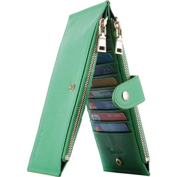 Women's Wallet RFID Blocking Bifold Multi Card Wallet Zipper Pocket Bright Green - Picture 2 of 2